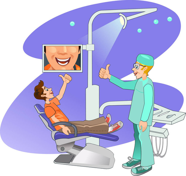 Dişçinin modern çalışma yeri. Çocuk dişçiye gidip gülümsüyor. - Vektör, Görsel