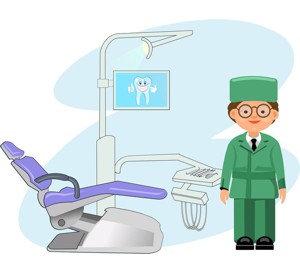 Der moderne Arbeitsplatz des Zahnarztes. Junge beim Zahnarzt und lächelt - Vektor, Bild