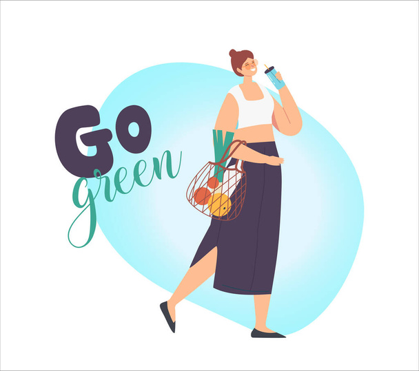 Mujer personaje llevar productos en cuerda Eco Friendly Bag y beber café de taza reutilizable. Paquete Bio Degradable - Vector, Imagen