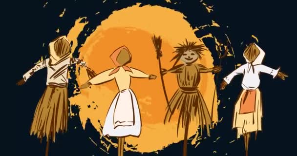 Motion graphic for folk festival. Traditional Scarecrow is burned the  Shrovetide feast. Farewell to winter. Animated traditional symbols:  scarecrow winter, pancak, sun on black screen. Stock video 4k