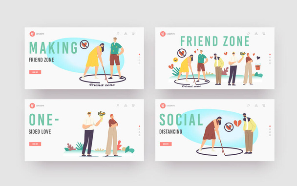 Friend Zone Landing Page Template Set. Male Character in Love Trying to Attract Girl. Woman Draw Circle with Man Inside - Vector, Image