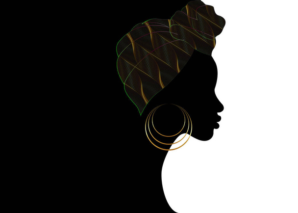 портрет красивой афро-женщины. Shenbolen Ankara Headwap Women African Traditional Headtie Scarf Turban. Голова кента обёртывает африканскую племенную ткань. Векторный логотип шаблона брошюры  - Вектор,изображение