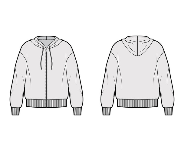 Zip-up Hoody sweatshirt technical fashion illustration with long sleeves, oversized body, knit rib cuff, banded hem.  - Vector, Image
