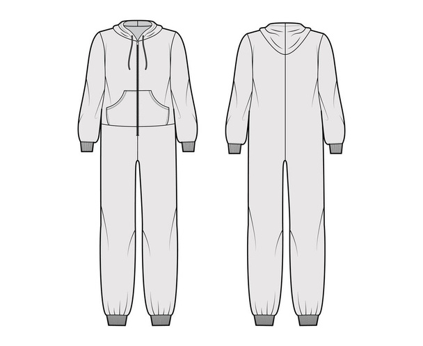 Onesie overall jumpsuit sleepwear technical fashion illustration with full length, hood, zipper closure, kangaroo pouch - Vector, Image
