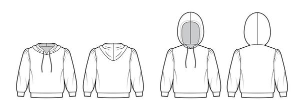 肘の長い袖、リラックスボディ、ニットリブカフ、バンド裾のフード付きスウェットシャツ技術的なファッションイラストのセット - ベクター画像