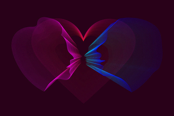  Female and male linear profiles on the background of the heart. Pink, blue, red on a maroon background. Ultra thin geometry. Vector image. - Vector, Image