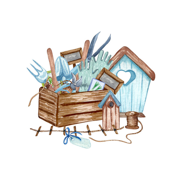 Aquarelset van tuinobjecten. houten doos met instrumenten, bloempot vogels feeder. Tuingereedschap. Voorjaar tuin illustratie - Foto, afbeelding