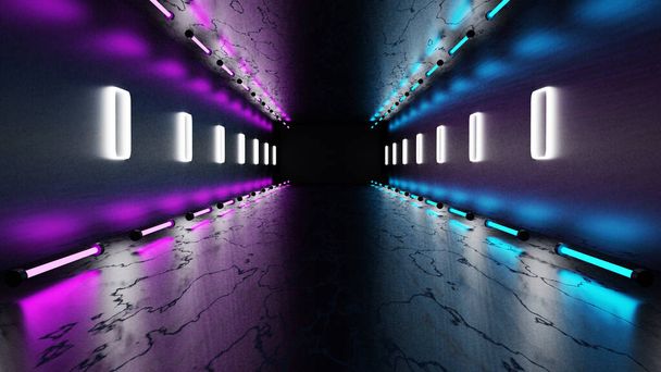 Futurisztikus Neon Glow Sci-fi Lila Kék Virtuális Valóság Alagút Cyber? Beton Grunge. - Fotó, kép