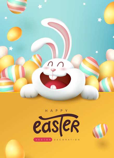 sfondo banner pasquale con simpatico coniglio e uova di Pasqua colorate.  - Vettoriali, immagini