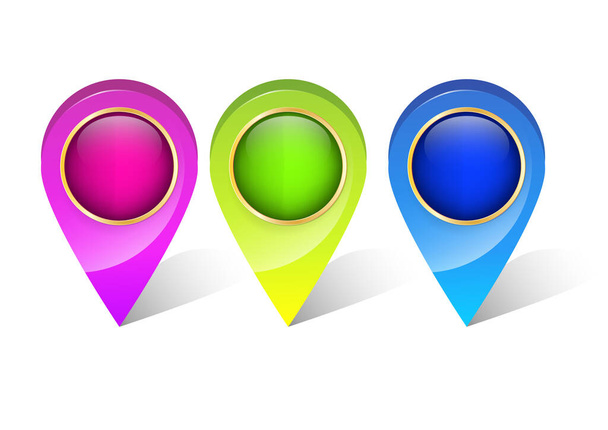 3D barevný pin GPS ukazatel cíle nebo umístění na mapě - Vektor, obrázek