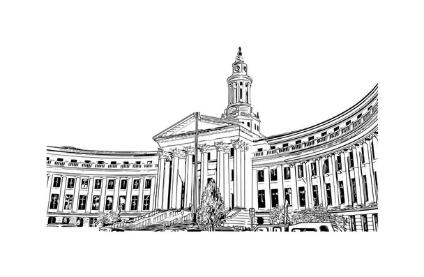 Print Building view with landmark of Denver is the capital of Colorado. Hand drawn sketch illustration in vector. - Vector, Image