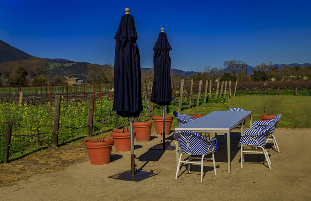 Outdoor al fresco table with chairs by the grape vines with blooming yellow mustard flowers at a vineyard in the spring in Napa Valley, California USA - Photo, Image