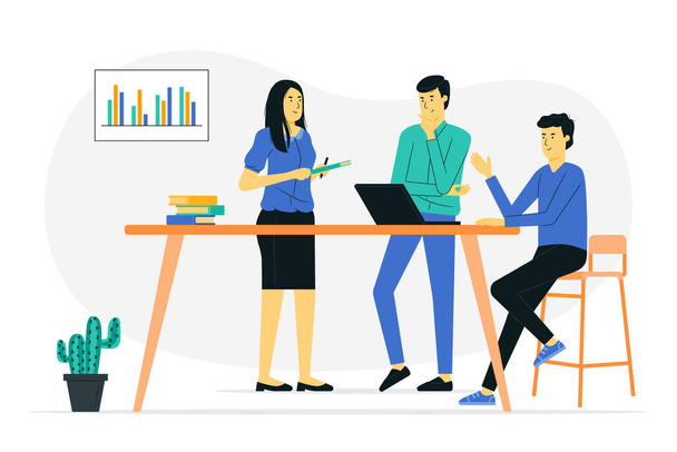 Teamwork at office concept illustration. Business concept. Teamwork is discussing or brainstorming at the office. Vector illustration flat design style. - Vector, Image