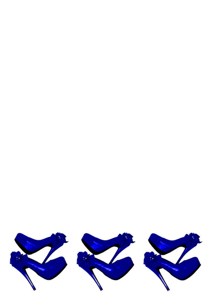 Molduras em um fundo branco A4, vertical - Sapatos azuis vestidos na plataforma com um arco em um salto fino alto. Sapatos. Moda - Vetor, Imagem