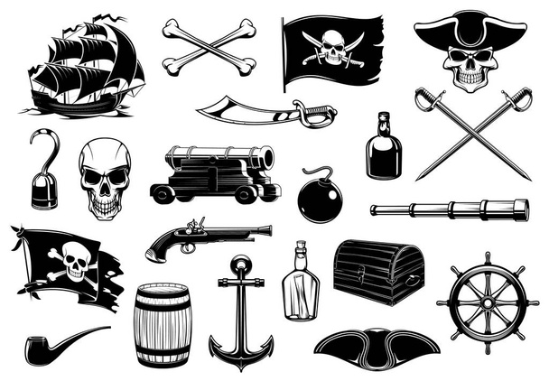 Pirate icons of skull, chest treasure map and ship, vector. Caribbean island pirate sword, hook hand and cannon, piracy captain rum and Merry Roger flag, nautical, compass, anchor and pistol gun - Vector, Image