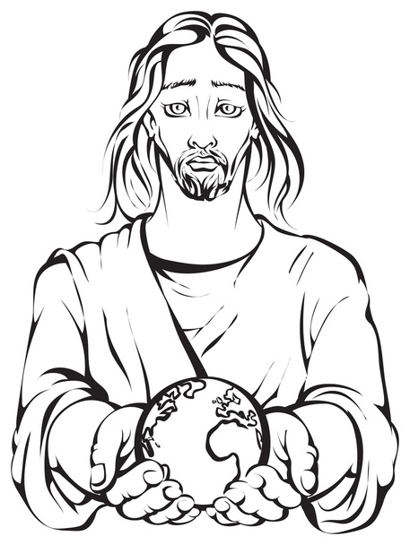 Black and white portrait of Jesus holding the hands planet Earth. Colouring page - Vector, Image