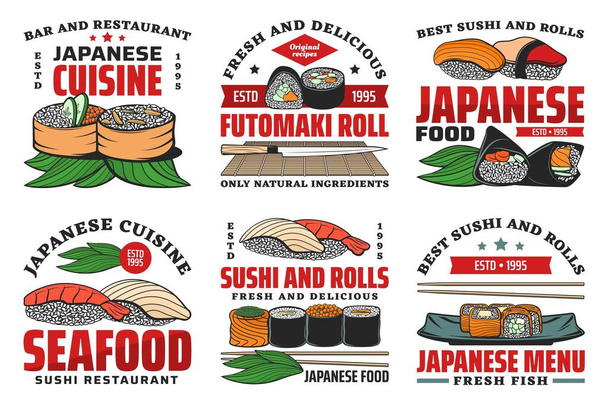 Japán étterem retro ikonok sushi tekercsekkel. Sushi bár ételeket lazac vagy tonhal hús és roe, garnélarák, uborka és nori. Gunkanmaki tekercs, bambuszlevélen tálalva temaki és nigiri vektoron - Vektor, kép