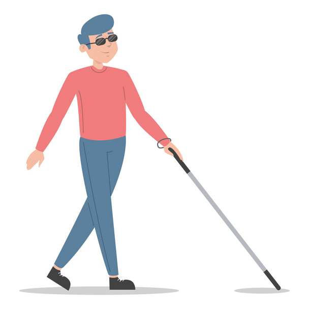 Sokea mies kävelee keppivektori eristettynä. Vammainen mies aurinkolaseissa, henkilö, jolla ei ole näkemystä. Vammainen mies käyttää kävelykeppiä. Nuori aikuinen, terveysongelma. - Vektori, kuva