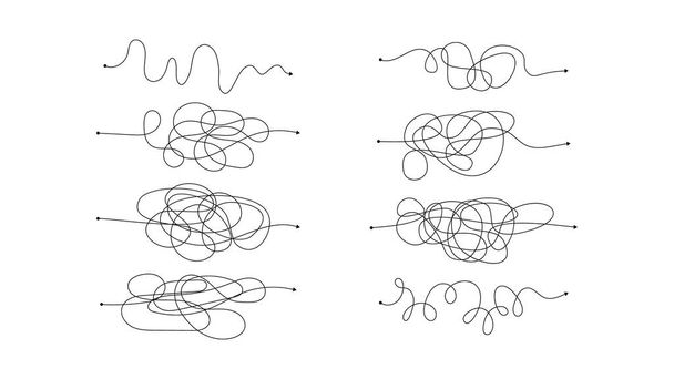Набір з восьми складних неправильних шляхів з безладними лініями. Чорні лінії з початковою точкою і стрілкою в кінці ізольовані на білому тлі. Векторні ілюстрації
 - Вектор, зображення