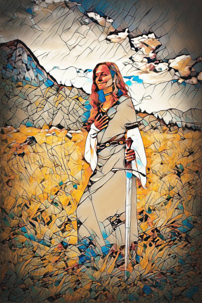 femme mystique avec une épée et robe historique sur une prairie de montagne - Photo, image