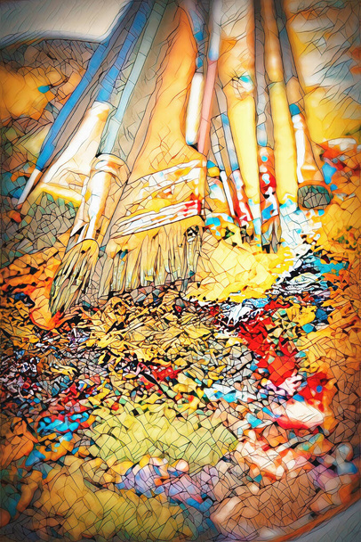 Paint brushes to the painting palette with colors. - Photo, Image