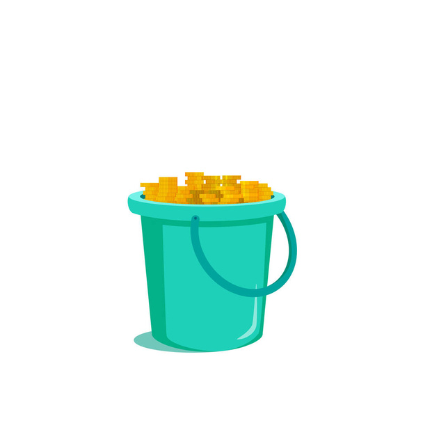 Blue bucket full of gold coins. Isolated on a white background - Vector, Image
