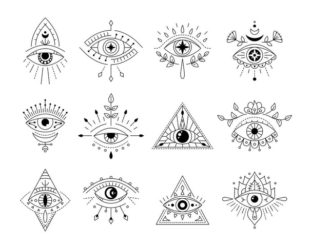 Vector collection line art mystic eyes τατουάζ. Ένα σετ από σύμβολα μαγείας. Σατανικό μάτι φυλαχτό γεωμετρικό στολίδι. Εσωτερικό σημάδι. Σχέδιο Boho. Ιερή γεωμετρία, αποκρυφισμός, μυστικισμός. - Διάνυσμα, εικόνα