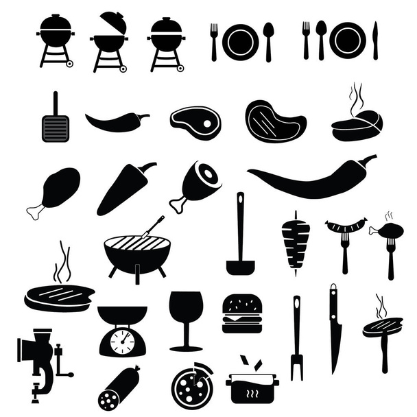 Flache Vektorsymbole für Fleisch und Kochutensilien - Vektor, Bild