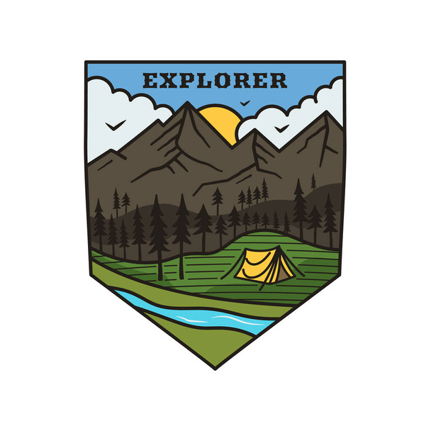 Mountain Explorer logo, camping adventure emblem design mit bergen, zelt und bäumen szene. Ungewöhnlicher Aufkleber im Retro-Stil. Aktienvektor - Vektor, Bild
