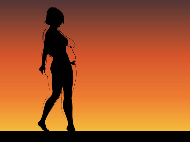 Vector conceptual fat overweight obese female vs slim fit healthy body after weight loss or diet with muscles thin young woman over sunset. Fitness, nutrition or fatness obesity, health shape - Vector, Image