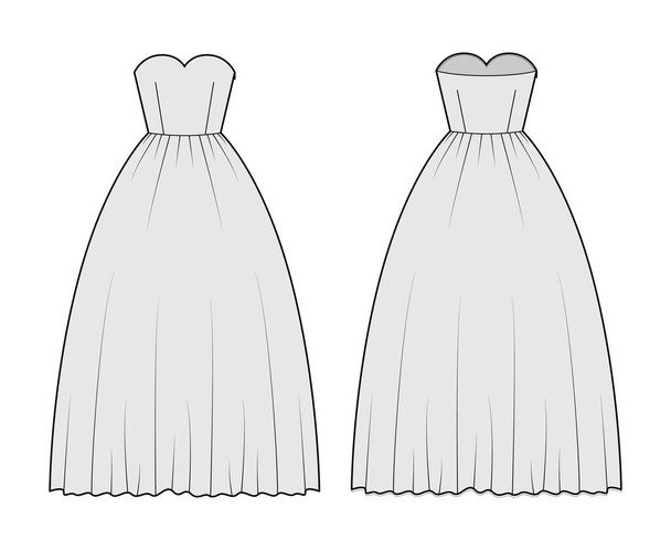 Крінолінове плаття технічна модна ілюстрація з плавним коханим вирізом, довгою довжиною підлоги, повною спідницею. Плоский
 - Вектор, зображення