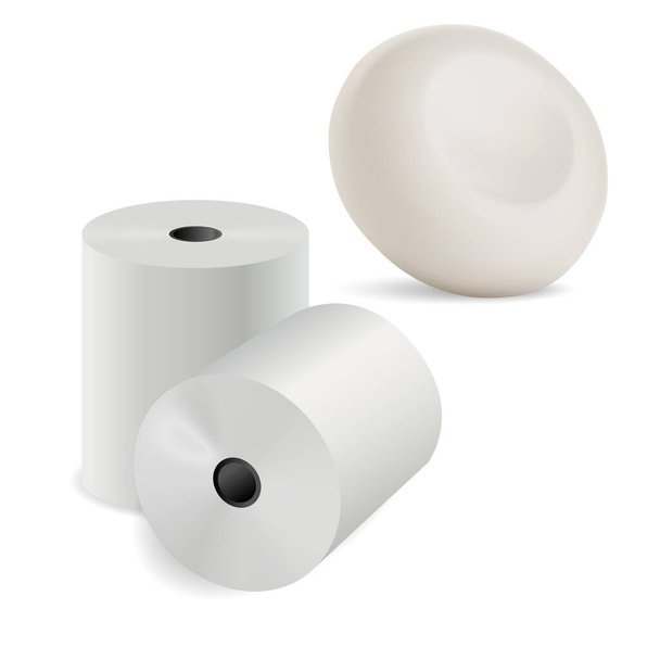Toilettenpapier 3D-Rolle. Küchentuch, runde Seifenstange realistische Illustration. Recycling-Papier-Blatt-Set, Vorlage für runde Röhren, Toilettenpflege im Bad. Klo-Papier, öffentliches WC - Vektor, Bild