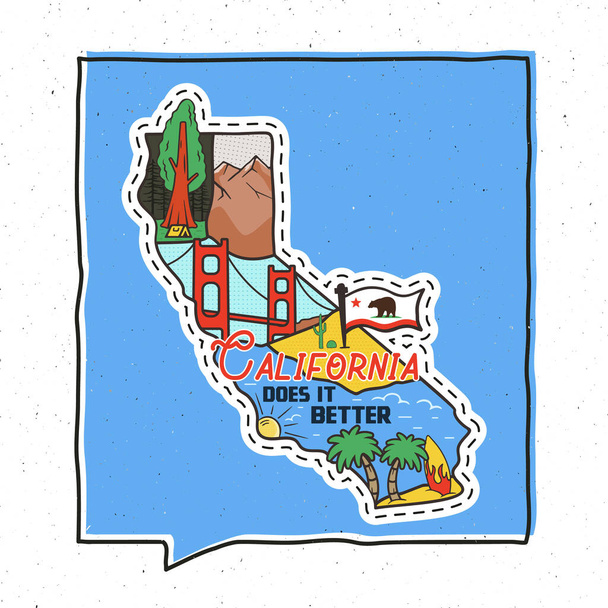 Vintage περιπέτεια Καλιφόρνια σήμα εικονογράφηση σχεδιασμό. Εξωτερικό έμβλημα της πολιτείας των ΗΠΑ με αξιοθέατα και κείμενο Cali - Καλιφόρνια Το κάνει καλύτερα. Ασυνήθιστο αμερικάνικο αυτοκόλλητο στυλ χίπστερ. Διανυσματικός - Διάνυσμα, εικόνα