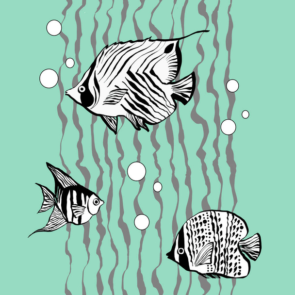Trzy ryby liniowe czarno-białe ilustracja z liniami na niebieskim tle - Zdjęcie, obraz