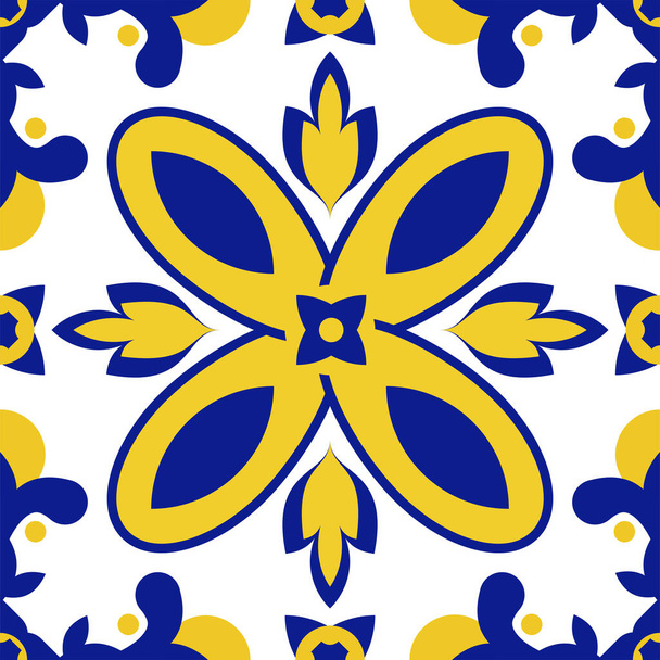 Azulejos Portugalin laatta lattiakuvio, Lissabon saumaton indigo sininen laatat, vintage geometrinen keraaminen, espanjalainen vektori tausta. Marokon geometrinen sisustus tilkkutäkki. Azulejo marokkolainen tapetti - Vektori, kuva