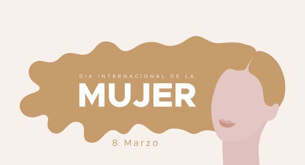 Міжнародний жіночий день. 8 березня. Іспанською. Dia Internacional de la Mujer 8 маршо. Портрет жінки з довгим світлим волоссям. Концепція прав людини, рівність. Візуальне зображення, плоский дизайн - Вектор, зображення