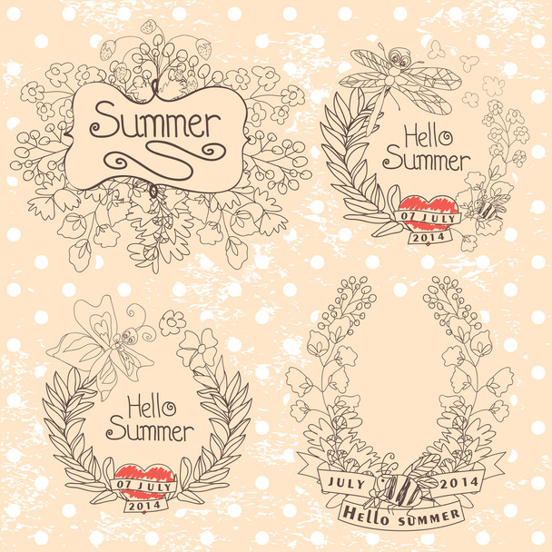 Stylish Vintage floral label with butterflies,bees.Hellow summer - Vetor, Imagem