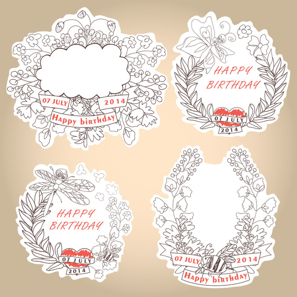 Stylish Vintage floral label with butterflies,bees.Hhappy birthd - Vector, Image