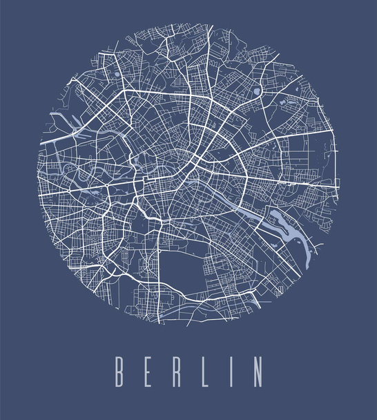 ベルリン地図ポスター。ベルリン市の装飾デザインストリートマップ。都市景観アリアパノラマシルエット空中ビュー、タイポグラフィスタイル。土地、川、高速道路、通り。円形ベクトル図. - ベクター画像