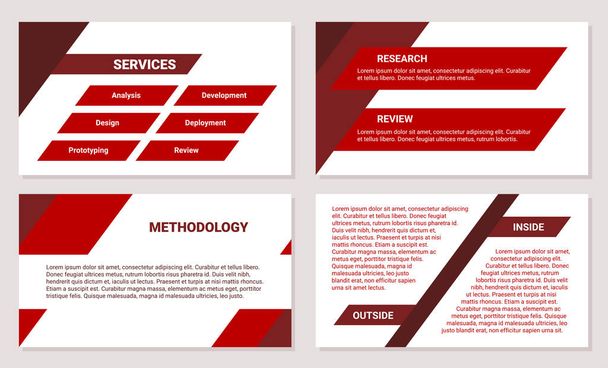 Üzleti prezentáció design sablon. Megoldás, módszertan, fejlesztési folyamat, piros szín, 4 dia. Modern vállalati dokumentum. - Vektor, kép