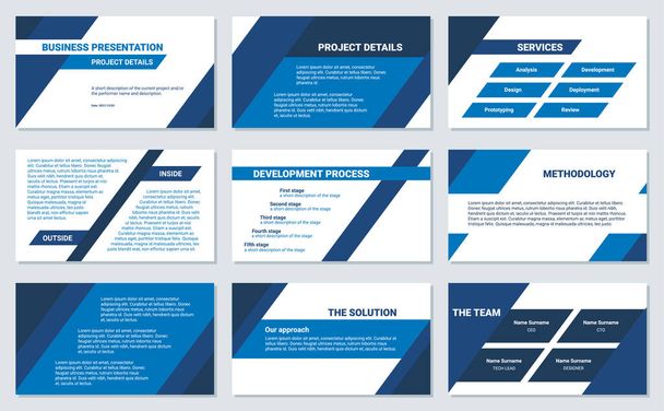 Modello di design di presentazione aziendale. Linee semplici piatte oblique, triangoli, colore blu, 9 diapositive. Documento aziendale moderno. - Vettoriali, immagini