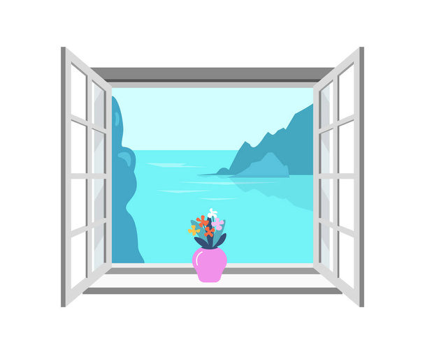 Una ventana abierta con vistas al paisaje marino. Vector aislado sobre fondo blanco. - Vector, Imagen