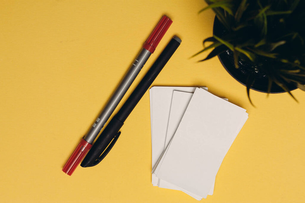 белые визитки и шариковая ручка на желтом фоне цветок в горшке - Фото, изображение