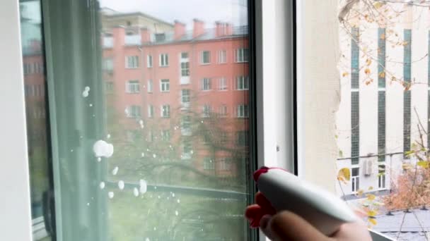 Puhdistus ikkunalasi spray pesuainetta paljon saippuaa suds. Käsitteen puhtaus, siivous, kevät - Materiaali, video
