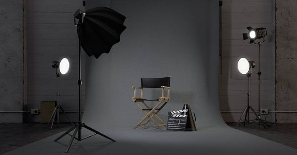Director chair,Movie clapper in studio.Concept for film industry.3d rendering - Photo, Image