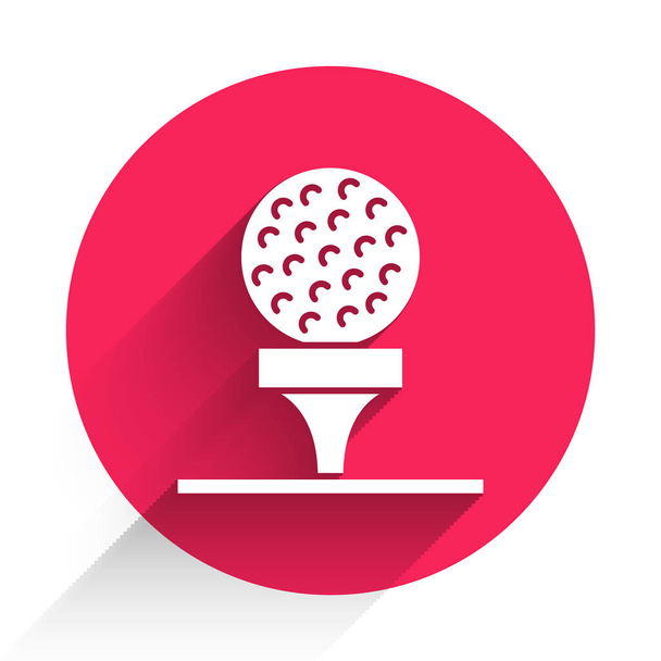 Uzun gölgeli beyaz golf topu ikonu. Kırmızı daire düğmesi. Vektör. - Vektör, Görsel