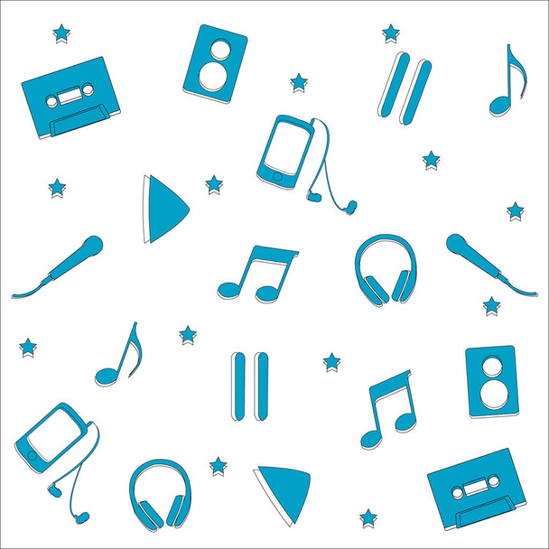 Music seamless pattern. Headphones, notes, music player, microphone, play, pause buttons, cassette blue icons. Vector background. - Vector, Image