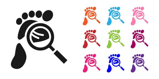 Black Magnifying glass with footsteps icon isolated on white background. Detective is investigating. To follow in the footsteps. Set icons colorful. Vector. - Vector, Image