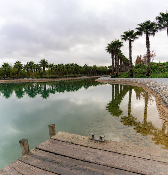Carvalhal Bombarral, Portugal - 13 de diciembre de 2020: lago de meditación y palmeras en los jardines del Edén de Buda en Portugal - Foto, imagen