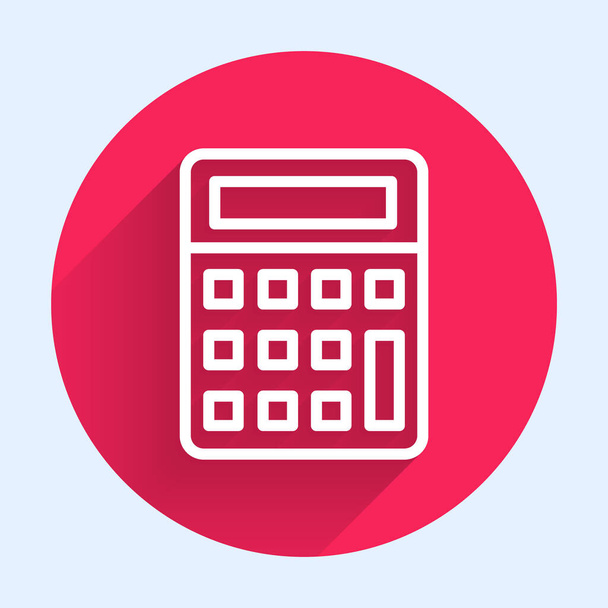 White line Calculator icon isolated with long shadow. Accounting symbol. Business calculations mathematics education and finance. Red circle button. Vector Illustration. - Vector, Image